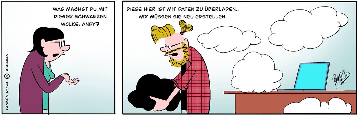 abraxas_ch's tweet photo. #AbraxasComic: Ramsés bringt digitale Momente aus dem Alltag eines IT-Unternehmens auf den Punkt. Heute: Andy vertreibt schwarze Wolken vom Horizont. Die Cloud wird leicht gemacht. https://t.co/Y34hPtSReh https://t.co/8Xn68b24g9
