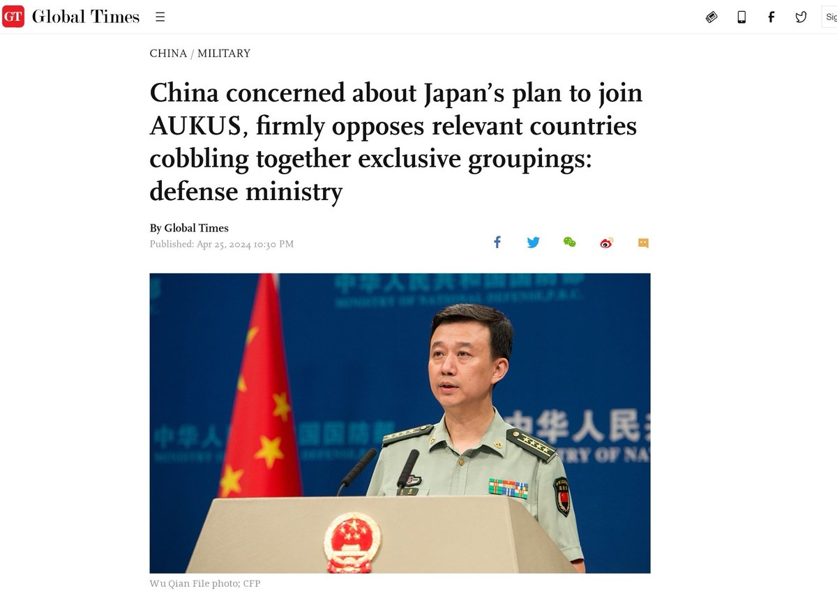 La Chine, préoccupée par le projet du Japon de rejoindre AUKUS, s'oppose fermement aux pays concernés qui concoctent des groupements exclusifs

Ces remarques ont été faites par Wu Qian, porte-parole du MND, en réponse à des informations récentes selon lesquelles le Japon a…