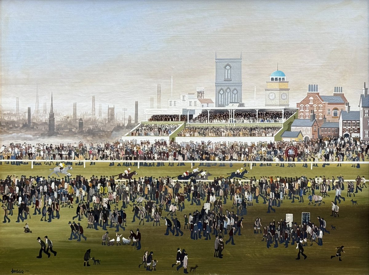 This rare painting by the late Brian Shields (Braaq) featuring York Races is on our stand at Fresh Art Fair, Cheltenham racecourse. The perfect venue to see an iconic horse racing painting. #brianshields #braaq #freshartfair