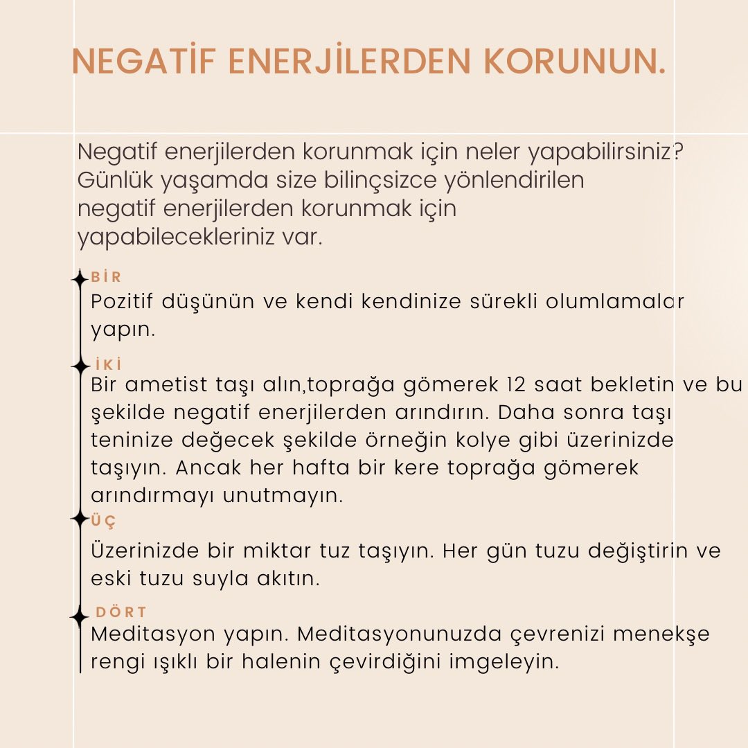 NEGATİF ENERJİLERDEN KORUNUN.

Negatif enerjilerden korunmak için neler yapabilirsiniz?
Günlük yaşamda size bilinçsizce yönlendirilen negatif enerjilerden korunmak için yapabilecekleriniz var. 
Pozitif düşünün ve kendi kendinize sürekli olumlamalar yapın.

Bir ametist taşı…