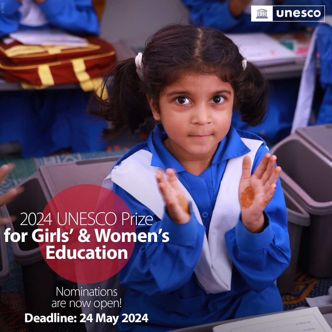 Call for nominations for the 2024 UNESCO Prize for Girls’ & Women’s Education is currently open! Nominations must be received from UNESCO Member States or NGOs in official partnership with UNESCO by 24 May 2024. Know more: unesco.org/en/articles/un… #HerEducationOurFuture
