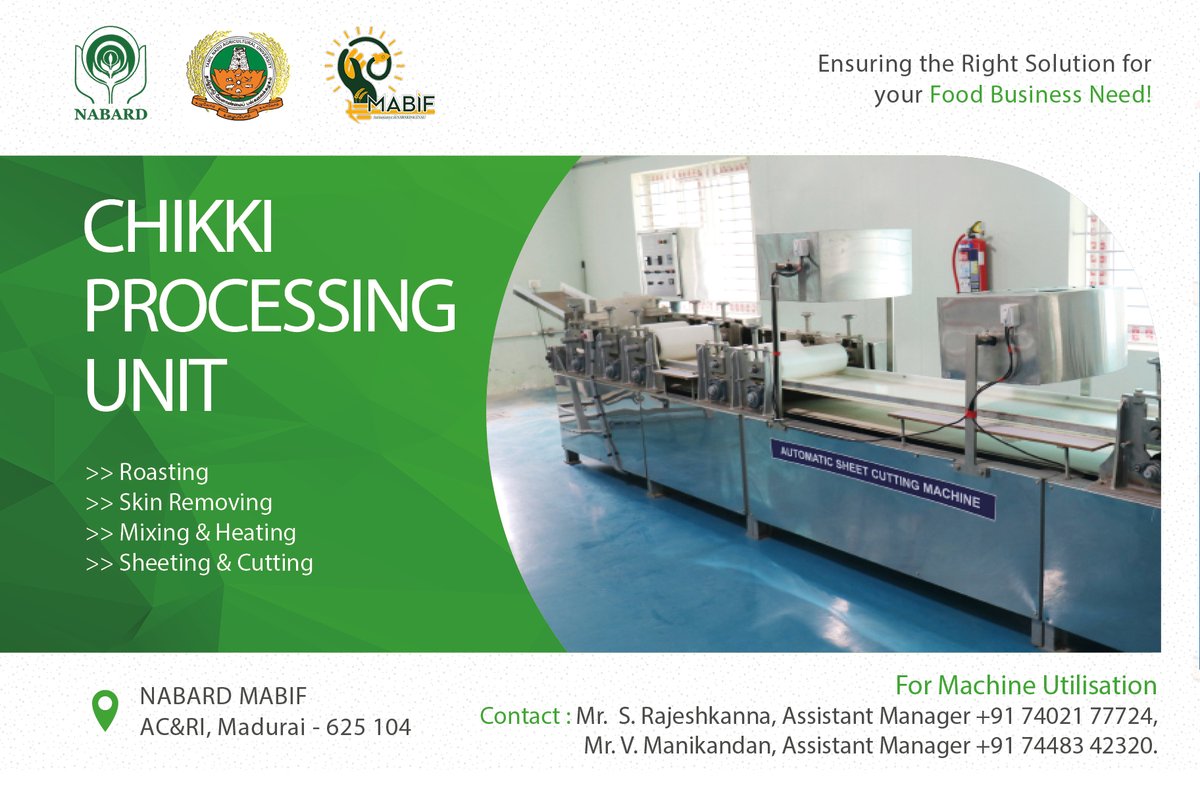 Reliable Production for Prolonged Relation!!! Utilization of the 'Chikki Processing Unit' is facilitated by NABARD MABIF Facilities Available: Roaster - 150 Kg/Hr Skin Remover - 100 Kg/Batch Chikki Mixing Unit - 30 Kg/Batch Sheeting & Cutting Machine - 150Kg/Hr