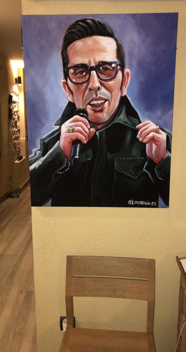 Christy has arrived to Falset at last.Thank you ⁦@nialloloughlin⁩ for such an accurate depiction of the genius that was #christydignam. He hangs at the entrance to our hotel so everyone will see and remember him.RIP. #rocknroll