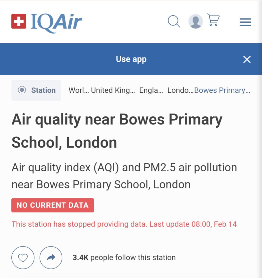 Meanwhile the Bowes Primary pollution monitor - whose data is (was) collected by King's College but whose upkeep is the responsibility of Enfield Council, has been broken since Feb and councillors won't talk about it. @JourneysPlaces are charlatans…..