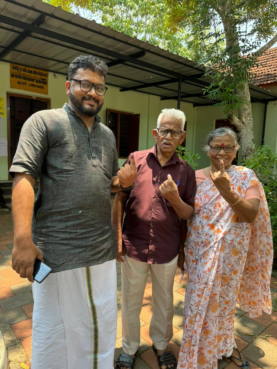 with my parents cast my vote at booth 163 of Thiruvalla AC,Pathanamthitta PC 

I wish all the best to @anilkantony .You are our choice to bring #ModiyudeGuarantee to Pathanamthitta