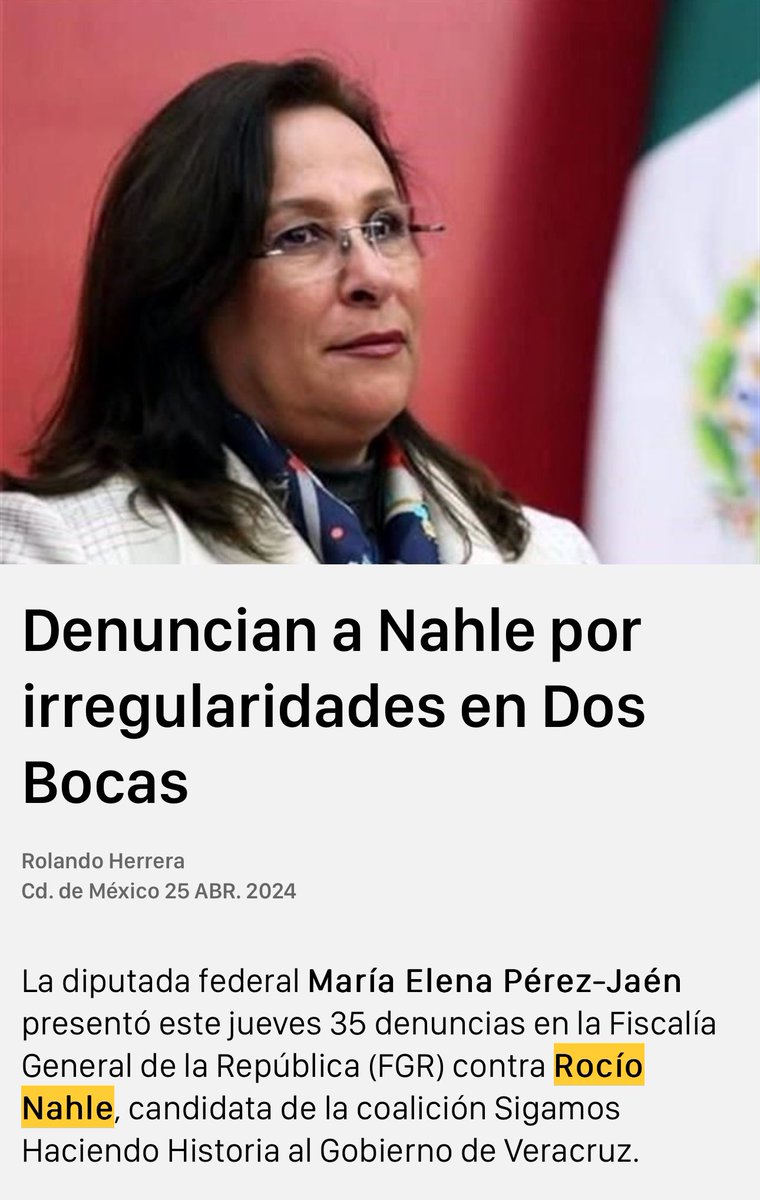 Diputada @MElenaPerezJaen 👇🏻

Este jueves 25 de abril, presenté 35 denuncias penales en @FGRMexico en contra de Rocio Nahle (@rocionahle ) por irregularidades de 533 millones encontradas en Cuentas públicas 2019 a 2021 en la construcción de refinería Dos Bocas y que no han sido…