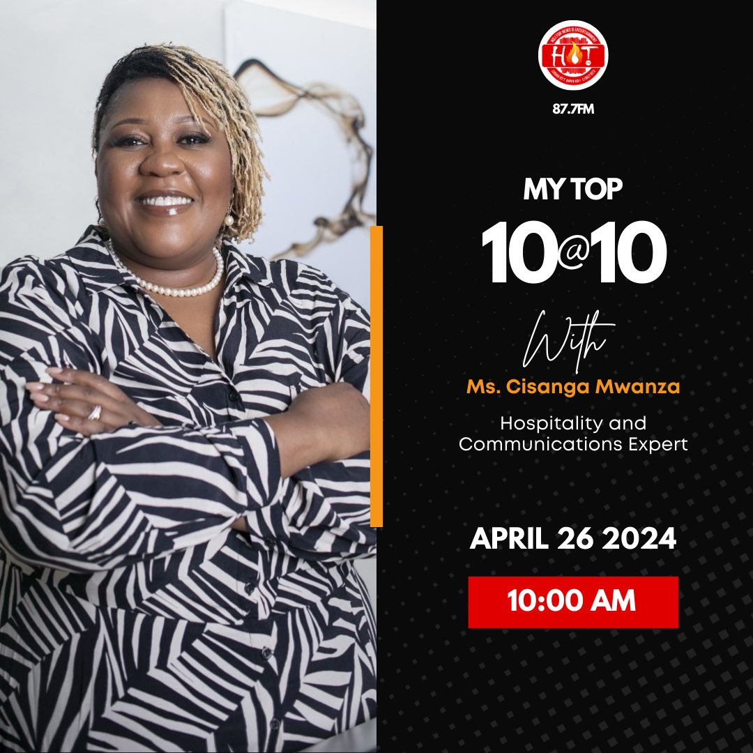 MY TOP 10@10 Coming up! Hospitality & Communications Expert, Cisanga Mwanza joins @Honey_Zambia at 10Hrs for #MyTop10At10. Tune in! 87.7 FM DSTv Channel 912 GOTv Channel 301 Listen on your phone 👉 tun.in/seRmR