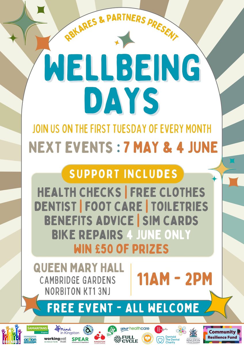 The next RBKares wellbeing day at Queen Mary Hall, hosted by @RoadCrest is on the 7th May. We will have lots of local services and charities to support those attending the foodbank and our wonderful team of volunteers who will be sign posting people to services that can help them