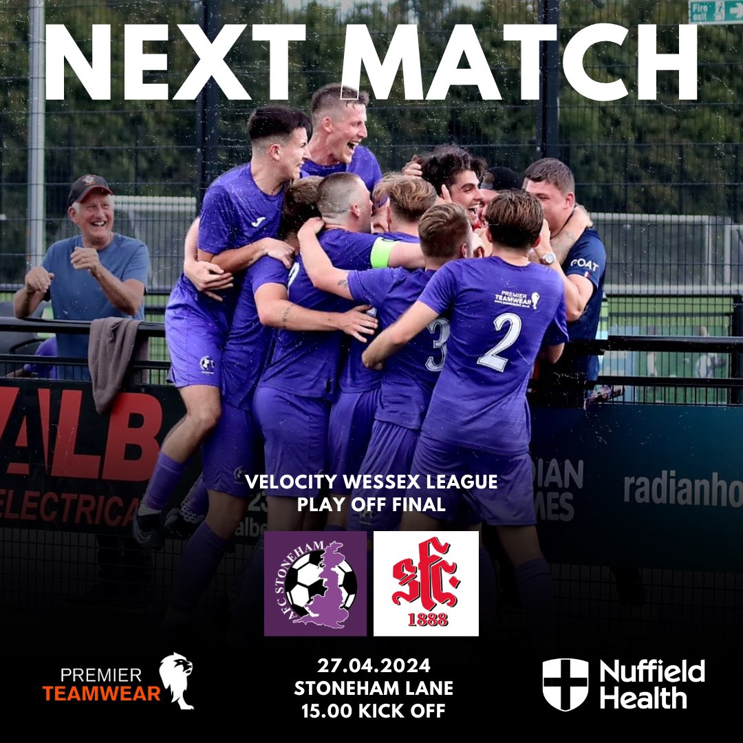 Next Up | 

On Saturday we host Shaftesbury FC in the Velocity Wessex League Premier Division Play Off Final. 

The team will need your support so please come down to Stoneham Lane to cheer them on! 

#UpThePurps 💜⚽️