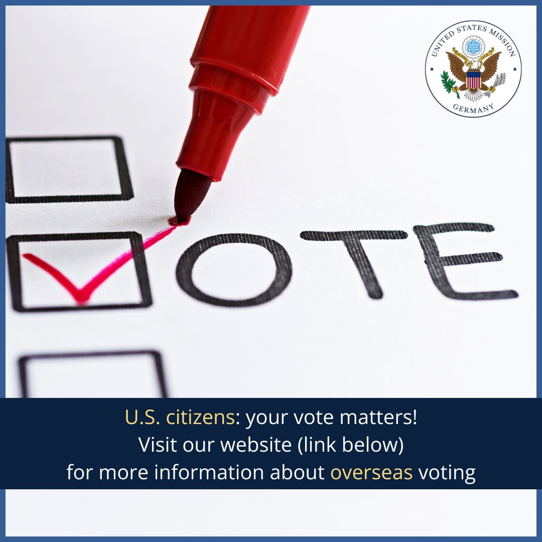 #ConsularFriday The U.S. embassy and consulates are here to help U.S. citizens during voting season. Whether you need help obtaining a Federal Post Card Application (FPCA) or mailing an absentee ballot, support is available. Visit our Mission Germany website to see a complete…