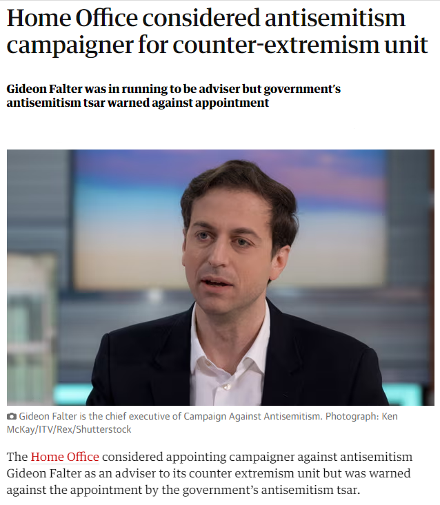 #THREAD In 2022, the Home Office considered giving Gideon Falter a role advising the Commission for Countering Extremism, but antisemitism tsar John Mann told Braverman he'd quit if Falter was appointed. However, the MUCH BIGGER story concerns CCE Commissioner, Robin Simcox...