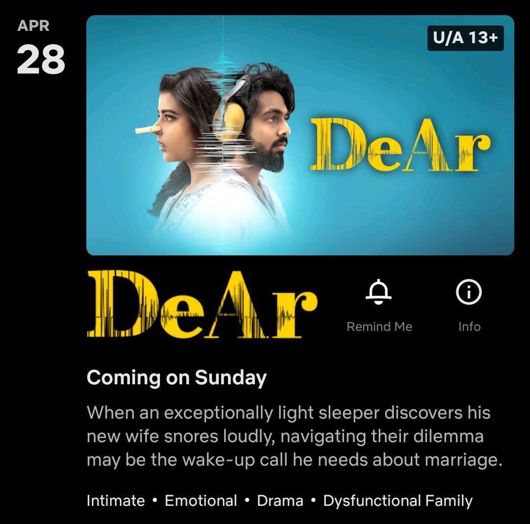 #DeAr premieres April 28th on @NetflixIndia.

@gvprakash @aishu_dil @Anand_Rchandran @NutmegProd @tvaroon #AbhishekRamisetty #PruthvirajGK @jagadeesh_s_v @editor_rukesh @AsianCinemas_ @AnnapurnaStdios @saregamasouth