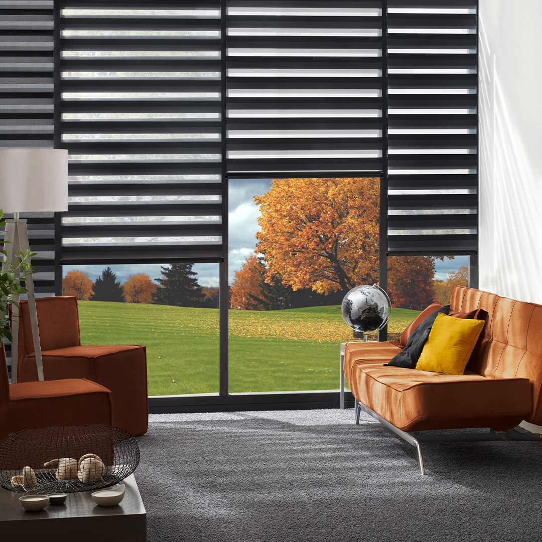 These lovely roller blinds are called Mirage, you can roll them so that you have this elegant effect or turn them again and a full colour stripe will block any view into your home! Clever and beautiful! You can see how they work when you book a free home measure visit