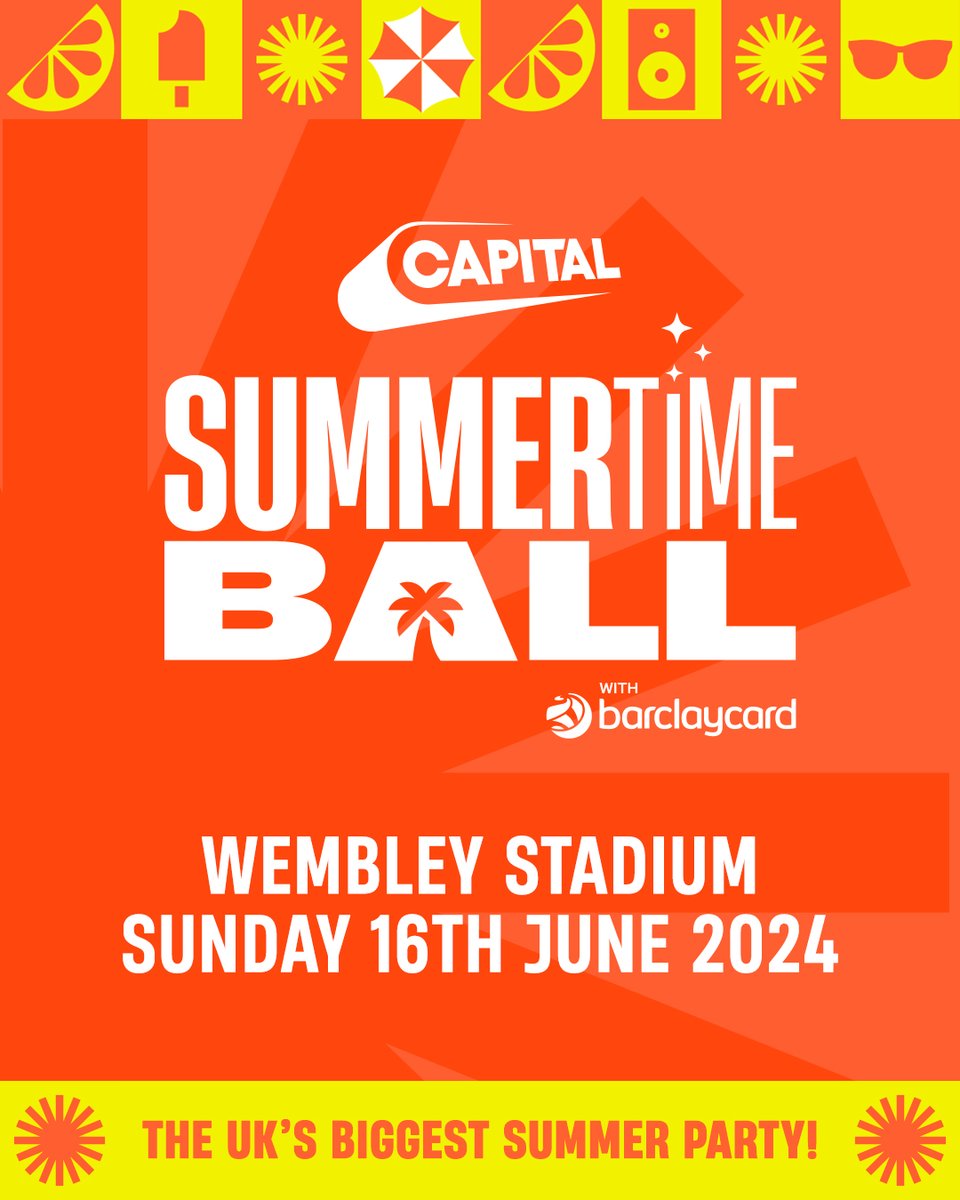 THE UK’S BIGGEST SUMMER PARTY IS BACK! ☀️ Join us at Wembley Stadium on Sunday 16th June for #CapitalSTB with Barclaycard! The first Ballers will be revealed on Monday from 7am on the All New Capital Breakfast with Jordan North, Chris Stark & Sian Welby - listen live on