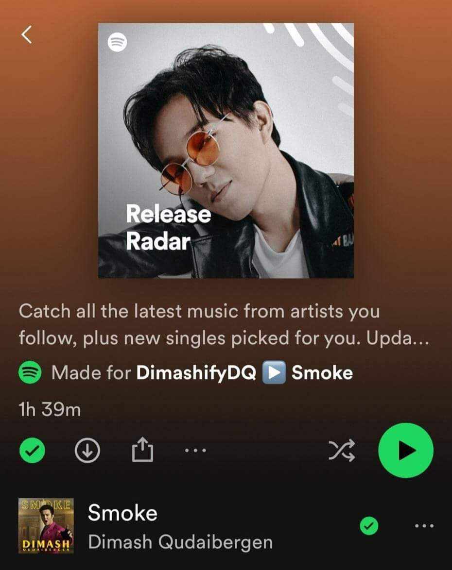 #DimashOnSpotify #SmokeByDimash is on Release Radar on Spotify Share your Release Radars, Dears New Hot Release 💥 #NewMusicFriday #Spotify @dimash_official open.spotify.com/playlist/37i9d…