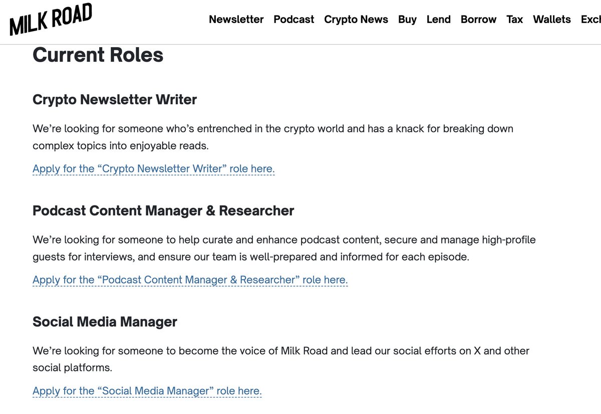 .@MilkRoadDaily is one of the very few newsletters I read and it's also super funny. they have awesome content positions open for crypto heads out there. I already have an awesome job but id be all over it if I didnt :)