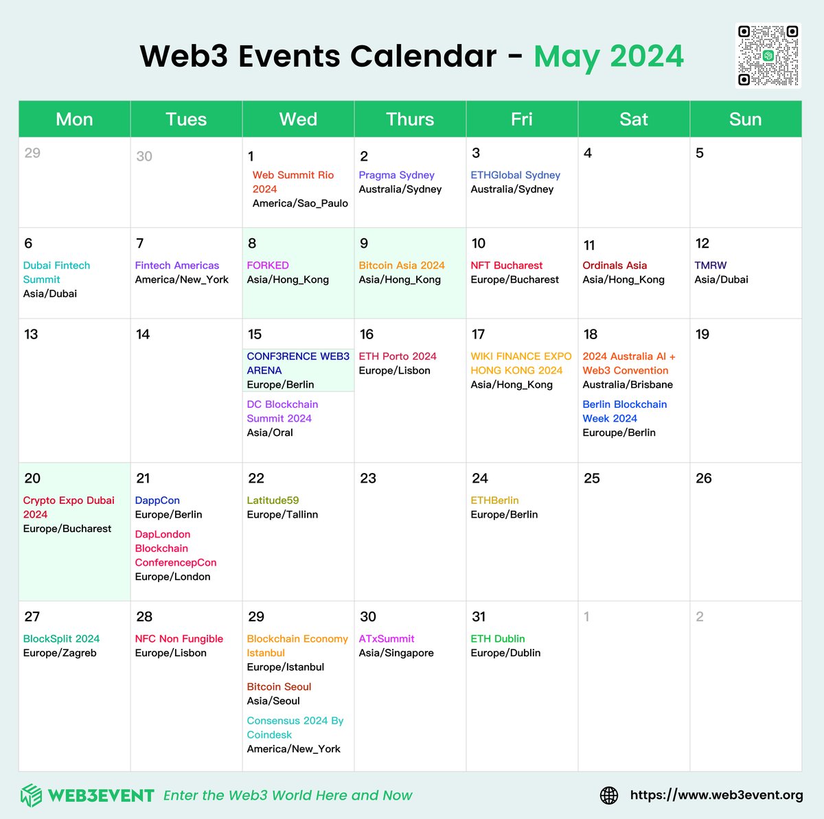 #BitcoinAsia #Consensus2024 #BerlinBlockchainWeek #forked #CONF3RENCE #DappCon24 Web3 Events Calendar for May📅 🥳Find more events and community privileges web3event.org/explore/events @BitcoinConfAsia @conf3rence @BerBlockWeek @ETHBerlin @consensus2024 @CoinDesk