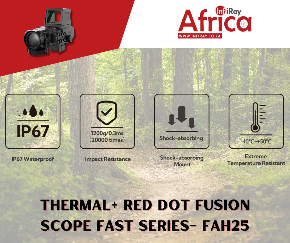 Gear up for adventure with the FAST FAH25 by InfiRay Africa: 

✅ IP67 Waterproof 
💥 Impact Resistant 
🔧 Custom Shock-absorbing Mount 
❄️ Extreme Temperature Resistant 

Conquer any terrain with confidence!

#infiray #thermalimaging #hunt #thermal #reddot #fast #thermalscope
