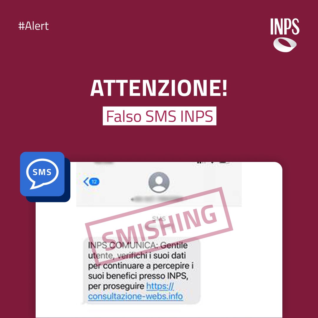 ⚠️Attenzione alle truffe dei falsi #SMS #INPS!
➡️Non cliccate sul link arrivato via SMS, ma consultate sempre il sito ufficiale inps.it accedendo alla vostra area personale per aggiornare i dati.
#InpsComunica #Alert #Truffe #VerificaLaFonte #Smishing