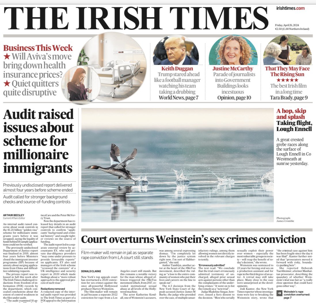 What a smashing shot by James Crombie front page @IrishTimes A great crested grebe races along the surface of Lough Ennell in Co Westmeath at sunrise yesterday. @INPHOjames @PressPhoto_IRL