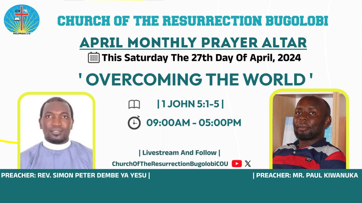 Praise The LORD Beloved! We pray this finds you well. This Saturday the Saturday, The 27th Day of April 2024 starting 09:00am-05:00pm we will have our #CorporateMonthlyPrayerAltar at the Church Of The Resurrection, Bugolobi Bugolobi. Plan to be there...