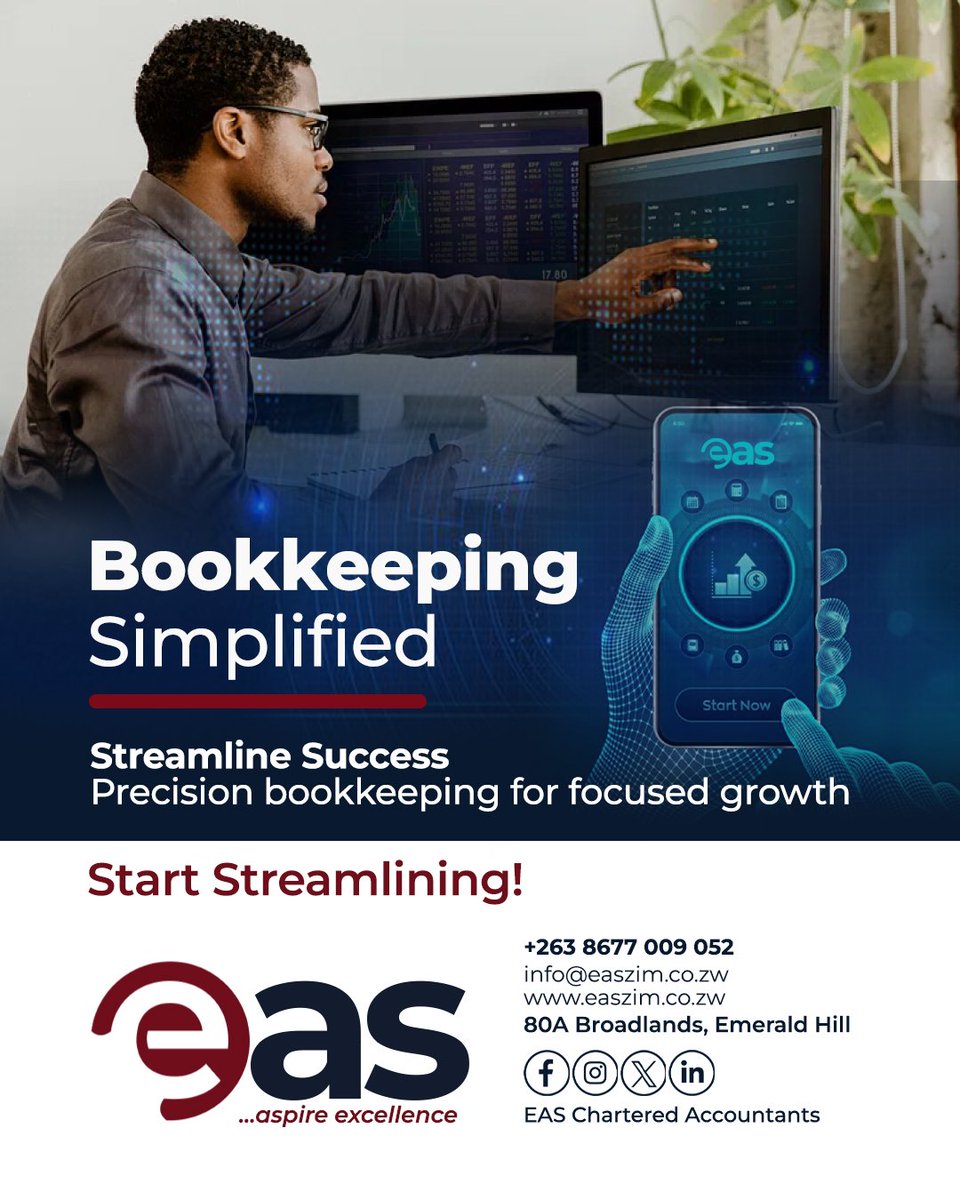 Bookkeeping Simplified!
Streamline Success with Precision Bookkeeping for focused growth

Streamline now!
+263 8677 009 052
info@easzim.co.zw
easzim.co.zw
80A Broadlands, Emerald Hill

#tax #companyregistration #accounting #bookkeeping #business #auditing #advisory