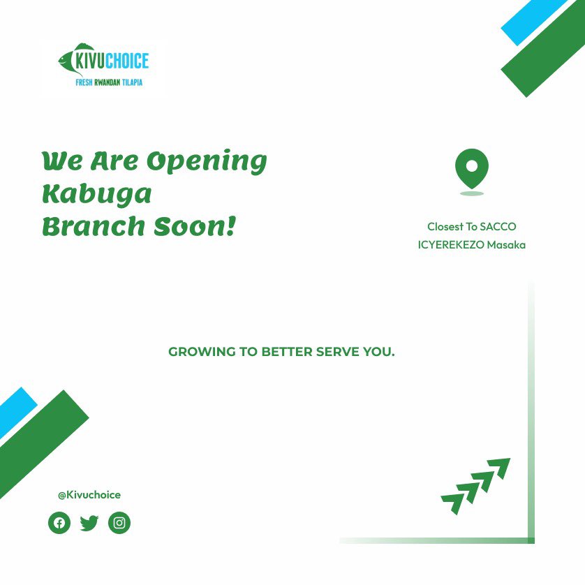 🎊OPENING SOON📍#KivuChoice,Kabuga branch📍 

We are thrilled to announce that we are opening a new branch in Kabuga, closest SACCO Icyerekezo Masaka on right hand, few minutes from market!
We can't wait to welcome you all.

Stay tuned for more details 🎈.
#FreshRwandanTilapia