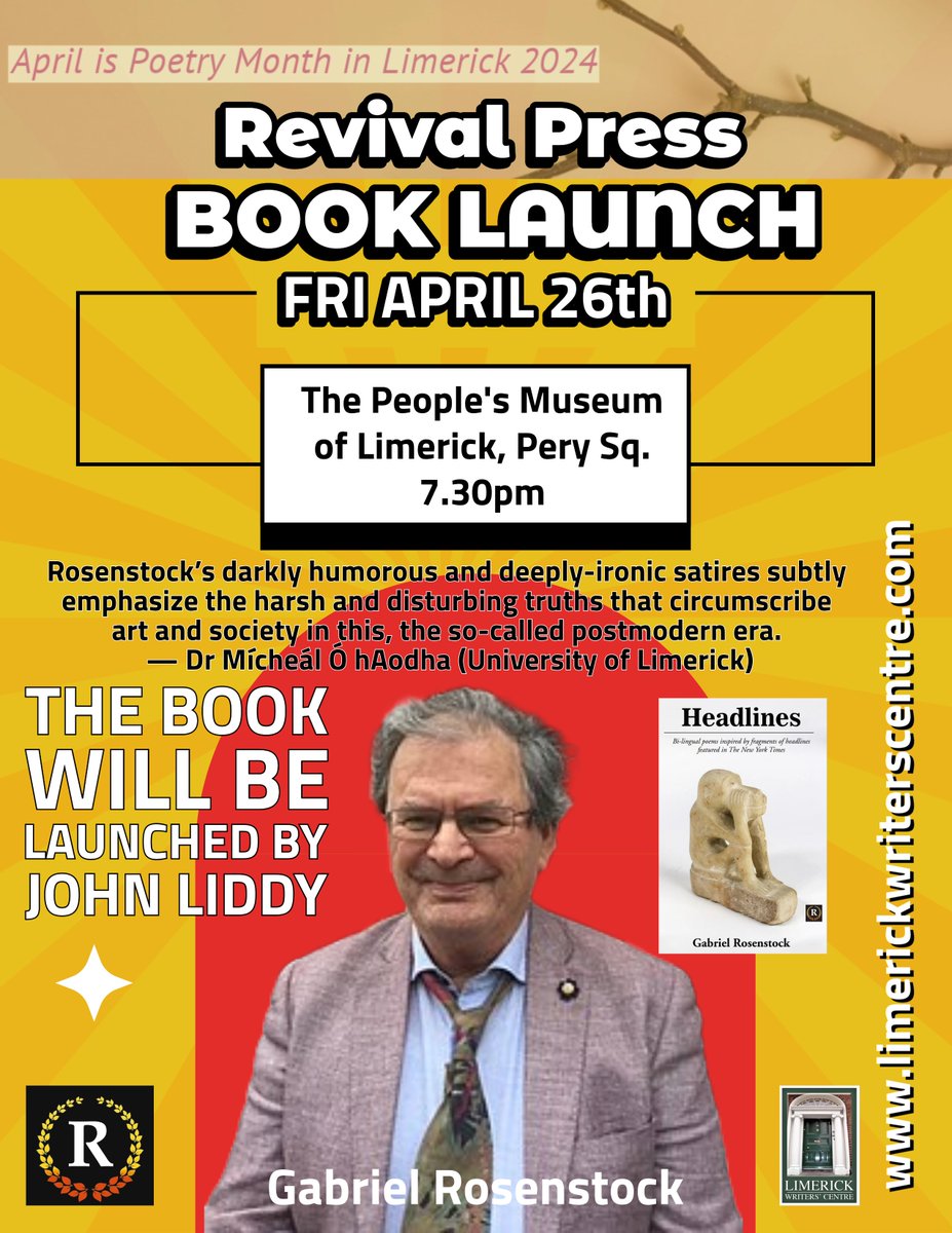 TONIGHT 7.30pm Gabriel Rosenstock at the People's Museum of Limerick to launch 'Headlines' his new book of poems! @LimerickArts @poetryireland @PeoplesMuseumLK @ilovelimerick @MunLitCentre @MICLimerick @IrishLitTimes
