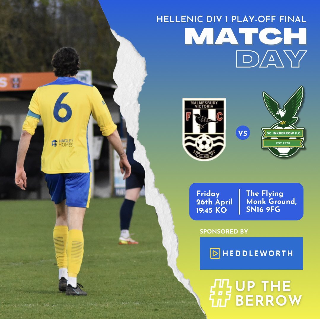 MATCH DAY! | HELLENIC DIV 1 PLAY-OFF FINAL! 🟡🔵 Tonight we travel to @MalmsVicsMedia for a chance at promotion 🦅 The away support will be massive going into tonight’s game, so come along & support the lads! 🟡🔵 🎟️ £5 Adults | £3 Concessions | FREE U16s #UpTheBerrow 🦅