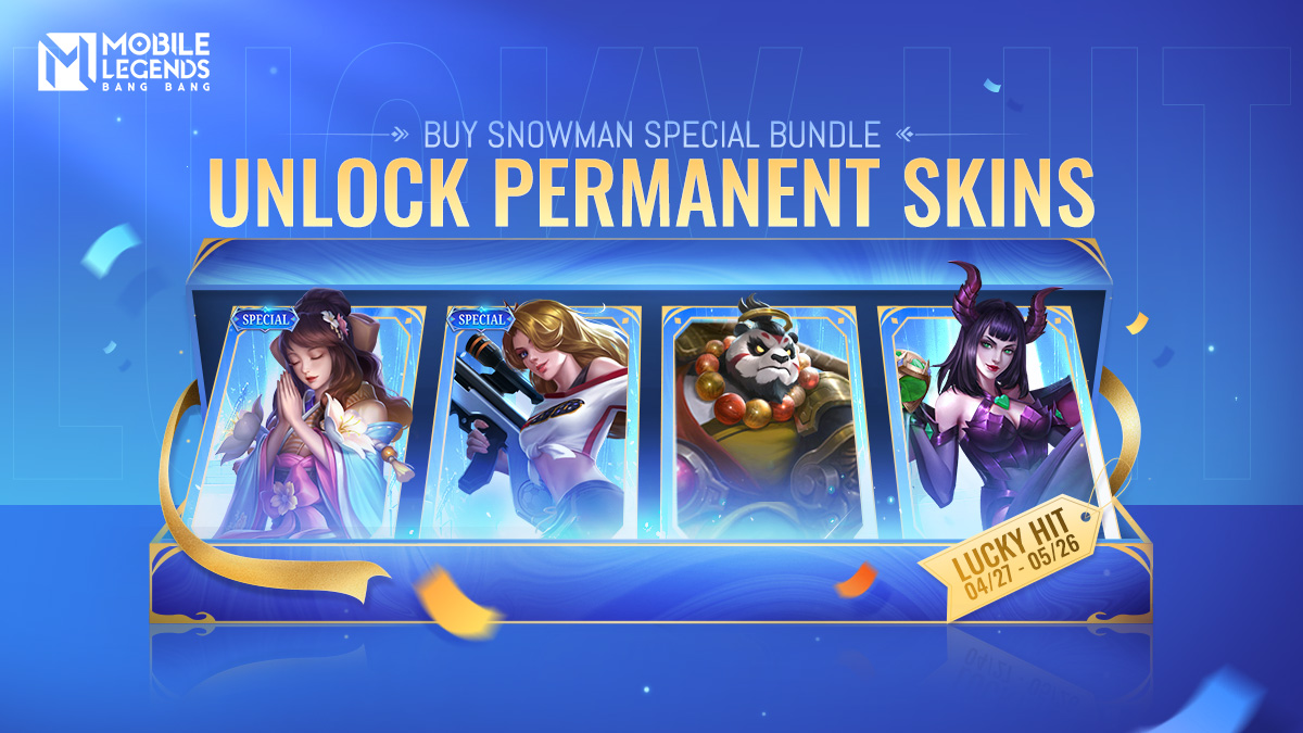 From 04/27 to 05/26, buy the Snowman Special Bundle to obtain rare rewards like Diamonds, Crystal of Aurora, and Naughty Snowman. A permanent skin is guaranteed when you get 10 and 20 Naughty Snowmen! #MobileLegendsBangBang