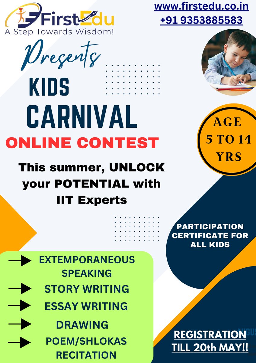 Register now: firstedu.co.in/signup
Online Live Contests! Topics will be given on the spot!
#firsttimeinindia
Time to UNLOCK your potential!
Register Now & Choose your interested contest!!!!

#kids
#carnival
#kidscarnival
#summer
#vacations
#summervacation
#fun