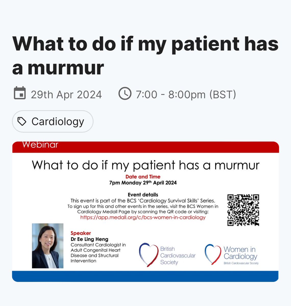 Great to see so many of you at Dr Rachel Myles brilliant webinar on tachycardia. Next FREE Cardiology Survival Skills webinar: Monday 29th April, 7.00pm, Dr Ee Ling, sharing her expertise on heart murmurs. Sign up here: app.medall.org/c/bcs-women-in…