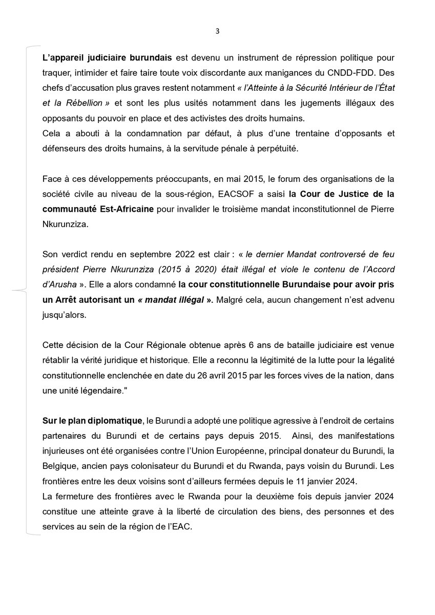 #Burundi #Démocratie #EtatDeDroit #Répression2015 Neuf ans après, la société civile burundaise rappelle la lutte pour la légalité et la démocratie #FocodeMagazine: Le 26 avril 2024 – 19 organisations signataires de cette déclaration en annexe commémorent aujourd'hui le…