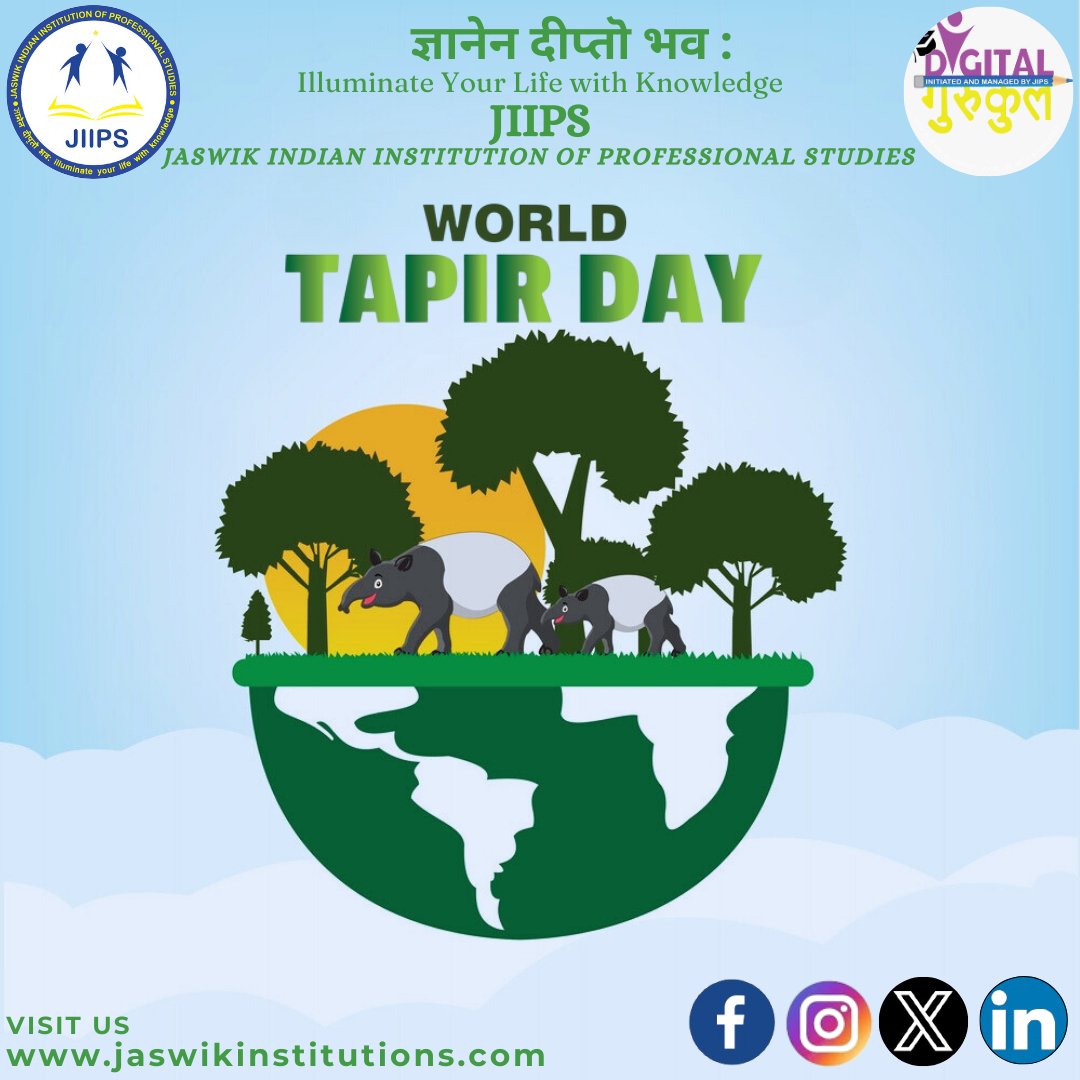 World Tapir Day, observed on April 27th, promotes awareness and conservation of tapirs, focusing on protecting their habitats and addressing threats like hunting and habitat loss. #jaswikindianinstitutionofprofessionalstudies #WorldTapirDay #TapirConservation #SaveTheTapirs