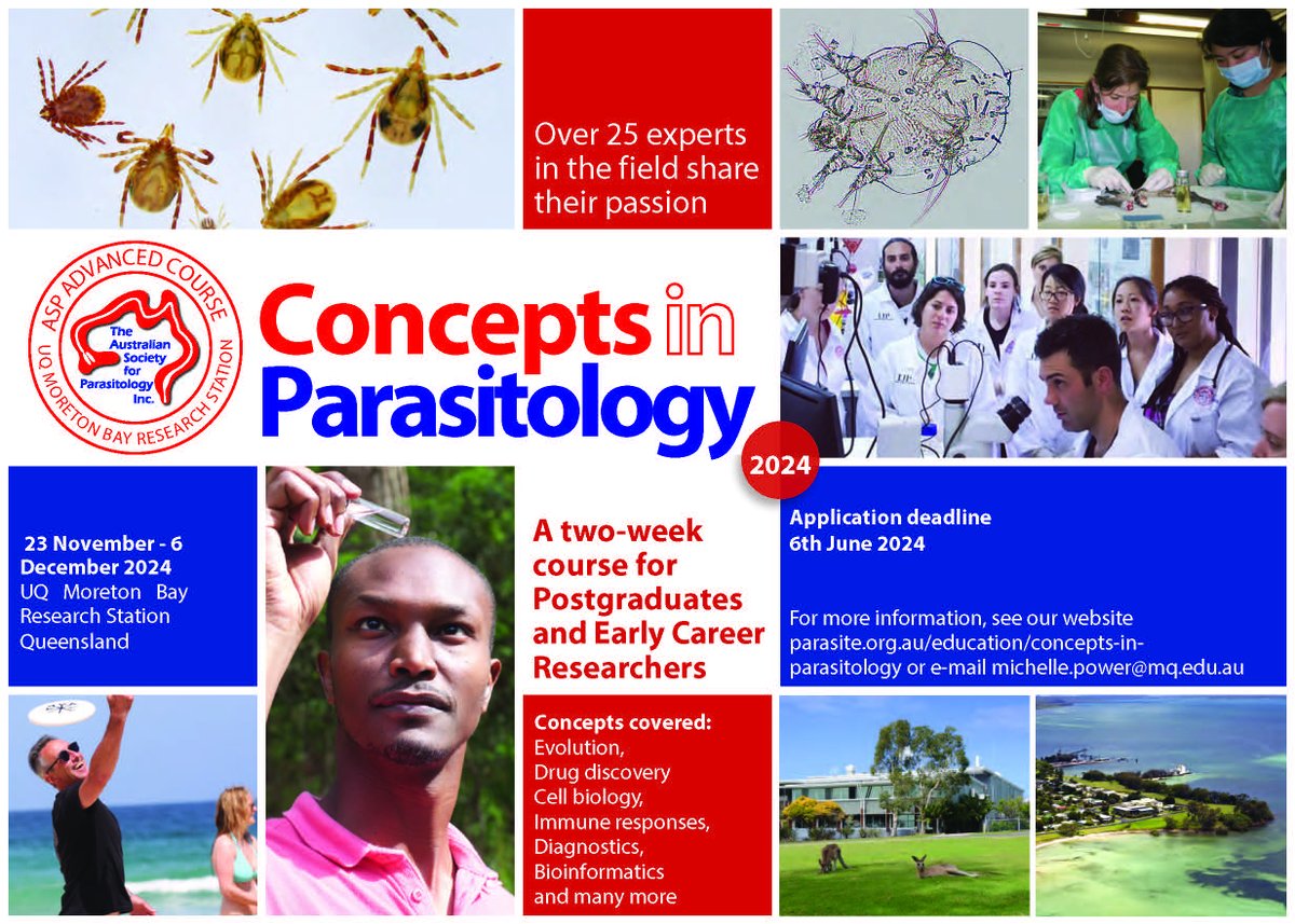 Join our 2024 ASP Concepts in Parasitology course at UQ’s Moreton Bay Research Station to work with prominent Australian parasitologists and learn state-of-the-art research techniques Apply by 6 June #CIP2024 #parasitologycourse parasite.org.au/education/conc… <a href="/DrMichellePower/">Michelle Power 🏳️‍🌈🦇</a> <a href="/sturalph/">Stuart Ralph</a>