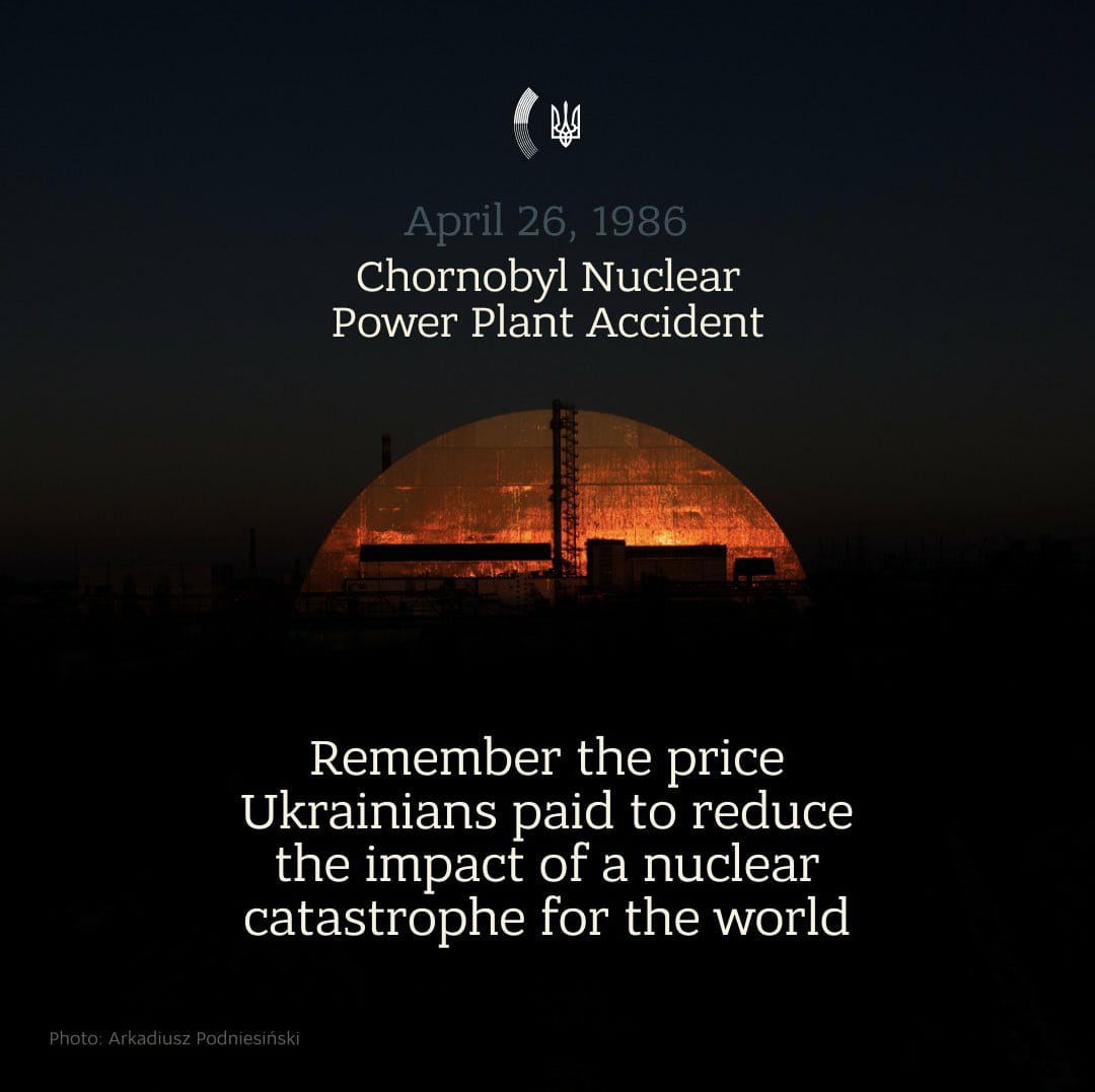 Today marks 38 years since the #Chornobyl disaster. Ukraine continues to guard the nuclear safety, while #russia's occupation of Europe's largest NPP threatens the continent. We call upon the global community to join Ukraine's efforts for global nuclear security. #PeaceFormula