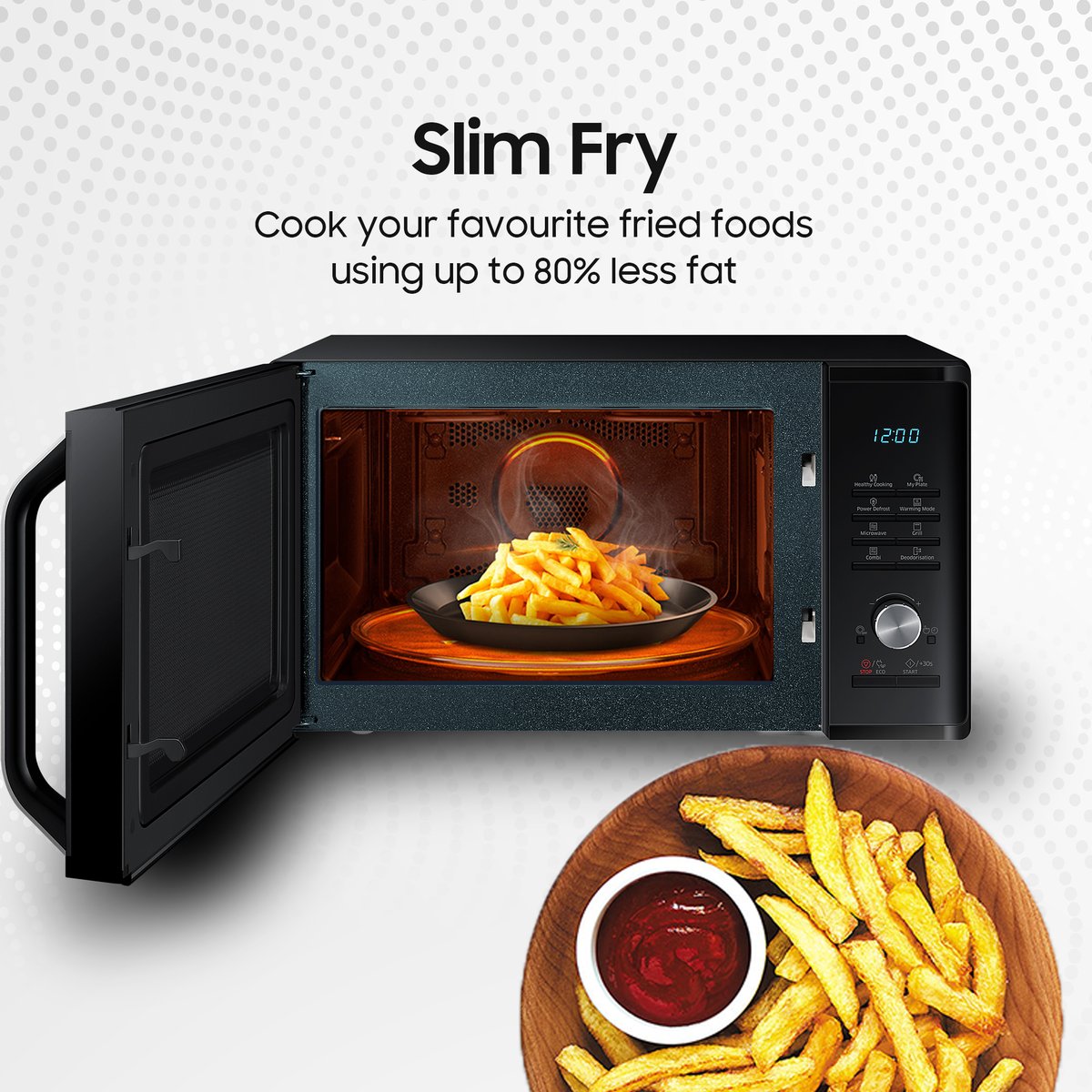 Experience the simplicity of healthier cooking with our Microwave Slim Fry technology. Cook your favourite foods using up to 80% less fat. Available at all authorized Samsung stores nationwide. #SamsungNigeria #StayConnectedWithSamsung