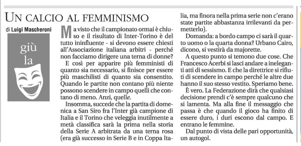 Così per apparire più femministi di quanto sia necessario, si finisce di essere più maschilisti di quanto sia consentito. Quando le partite non contano più niente possono scendere in campo quelli che contano di meno. Anzi, quelle 👏🏻👏🏻👏🏻 @LuigiMascheroni (Terna arbitrale donne)