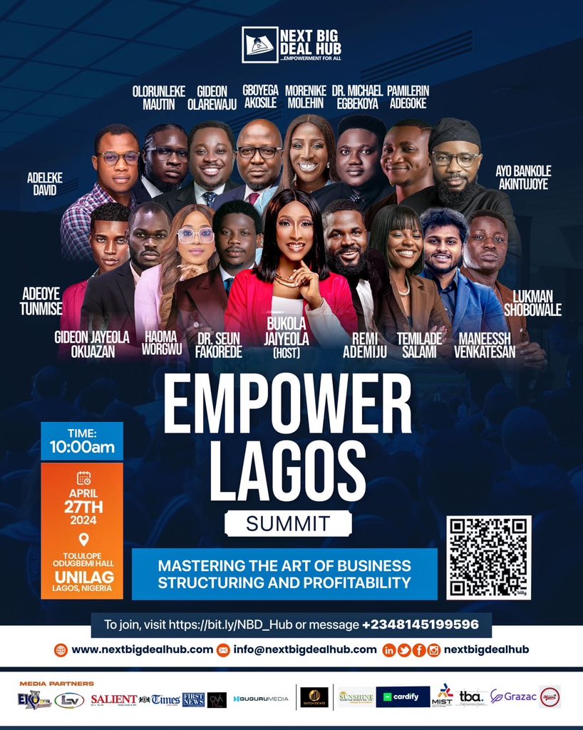 The stage is set! See the amazing lineup of speakers shaping the future at the Empower Lagos Summit, a summit for existing and aspiring entrepreneurs powered by @nextbigdealhub @jaiyeb_

Join us tomorrow on the 27th of April, 2024, at Tolulope Odugbemi Hall, UNILAG.

Click the