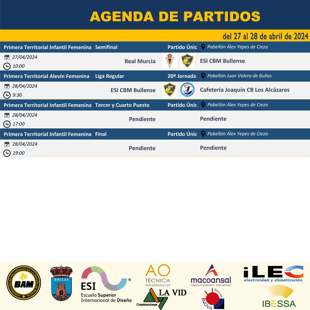 📅 AGENDA DE PARTIDOS

#BALONMANO #BULLENSE #BULLAS #CANTERA #ORGULLO #FAMILIA