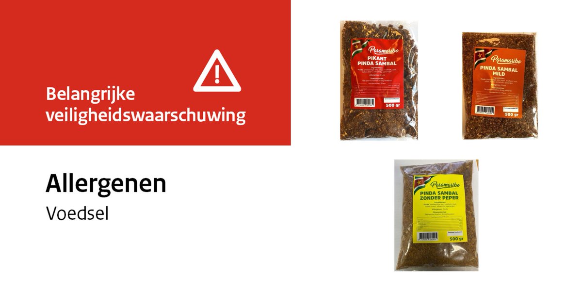 Veiligheidswaarschuwing: Noepa Impex waarschuwt voor Pindasambal Pikant, Mild en Zonder Peper. De allergenen schaaldier en pinda staan niet vermeld op de verpakking. Eet de sambal niet als u allergisch bent voor schaaldieren en/of pinda’s. surinaamsetoko.nl