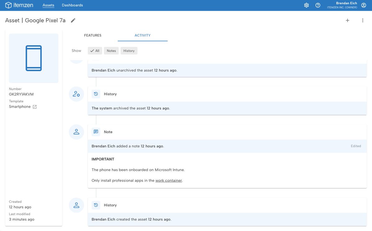vimception's tweet image. Feature Friday!
To keep myself accountable, I'm sharing each Friday a new @itemzen_app feature released over the last week.
This week: assets have gained an activity feed. The feed shows asset lifecycle events as well as notes. Yes, note taking is a new feature as well!