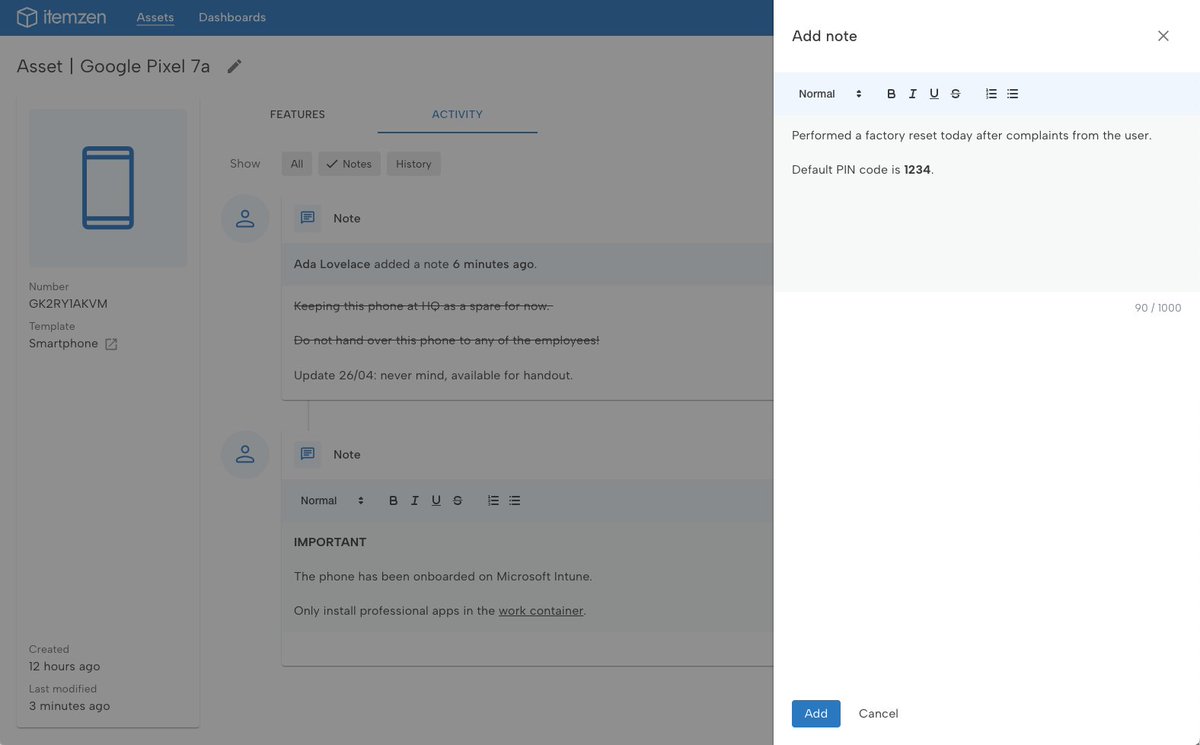 vimception's tweet image. Feature Friday!
To keep myself accountable, I'm sharing each Friday a new @itemzen_app feature released over the last week.
This week: assets have gained an activity feed. The feed shows asset lifecycle events as well as notes. Yes, note taking is a new feature as well!