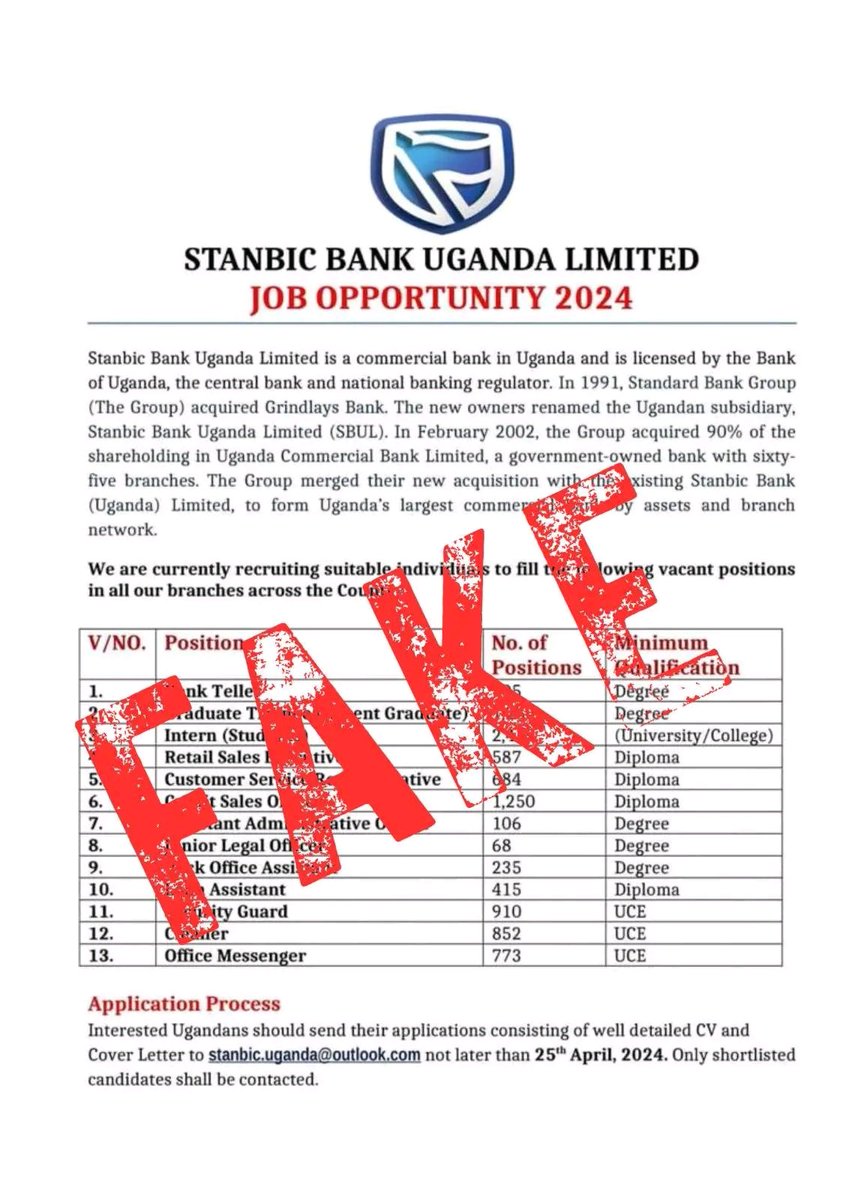 #PublicNotice 
Beware of a fake job opportunity poster being promoted by a fraudulent pages posing as Stanbic Bank.

For authentic career opportunities with us visit: standardbank.com/sbg/standard-b…