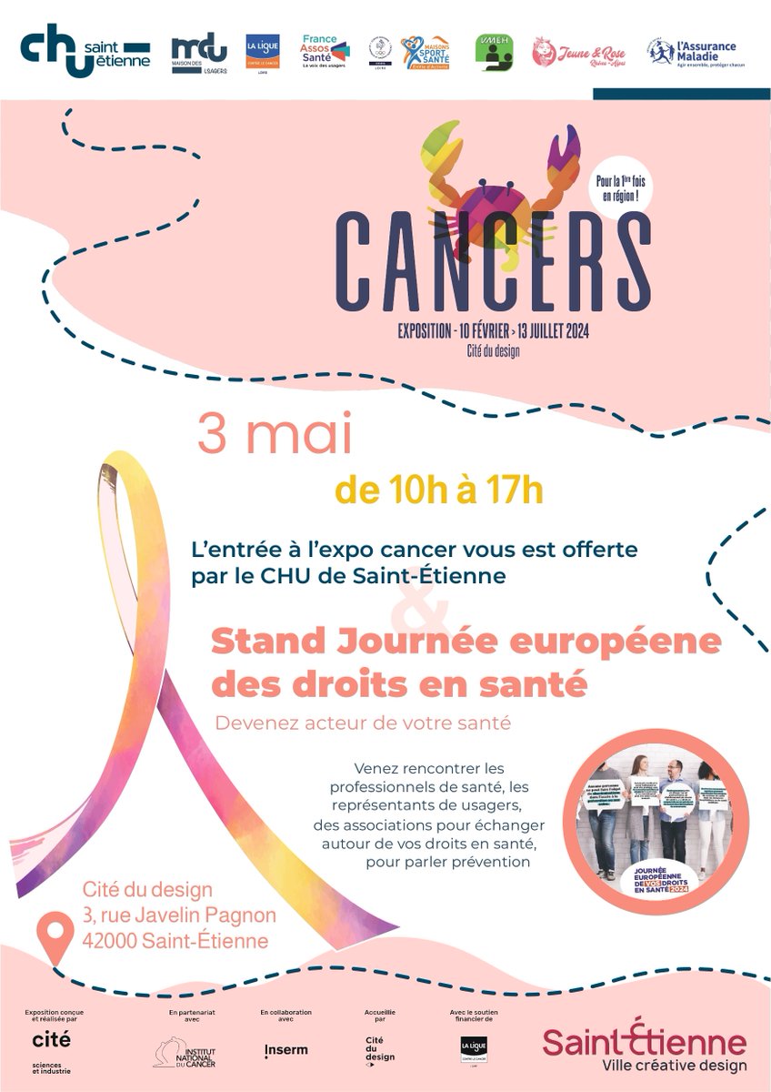 [Journée Européenne des Droits en Santé] 
une journée dédiée à l’information sur les droits où cette année s’ajoute un axe prévention. 
👉 Venez échanger avec professionnels, associations et représentants des usagers sur notre stand.
📍 Cité du Design
📅 3 mai de 10h à 17h