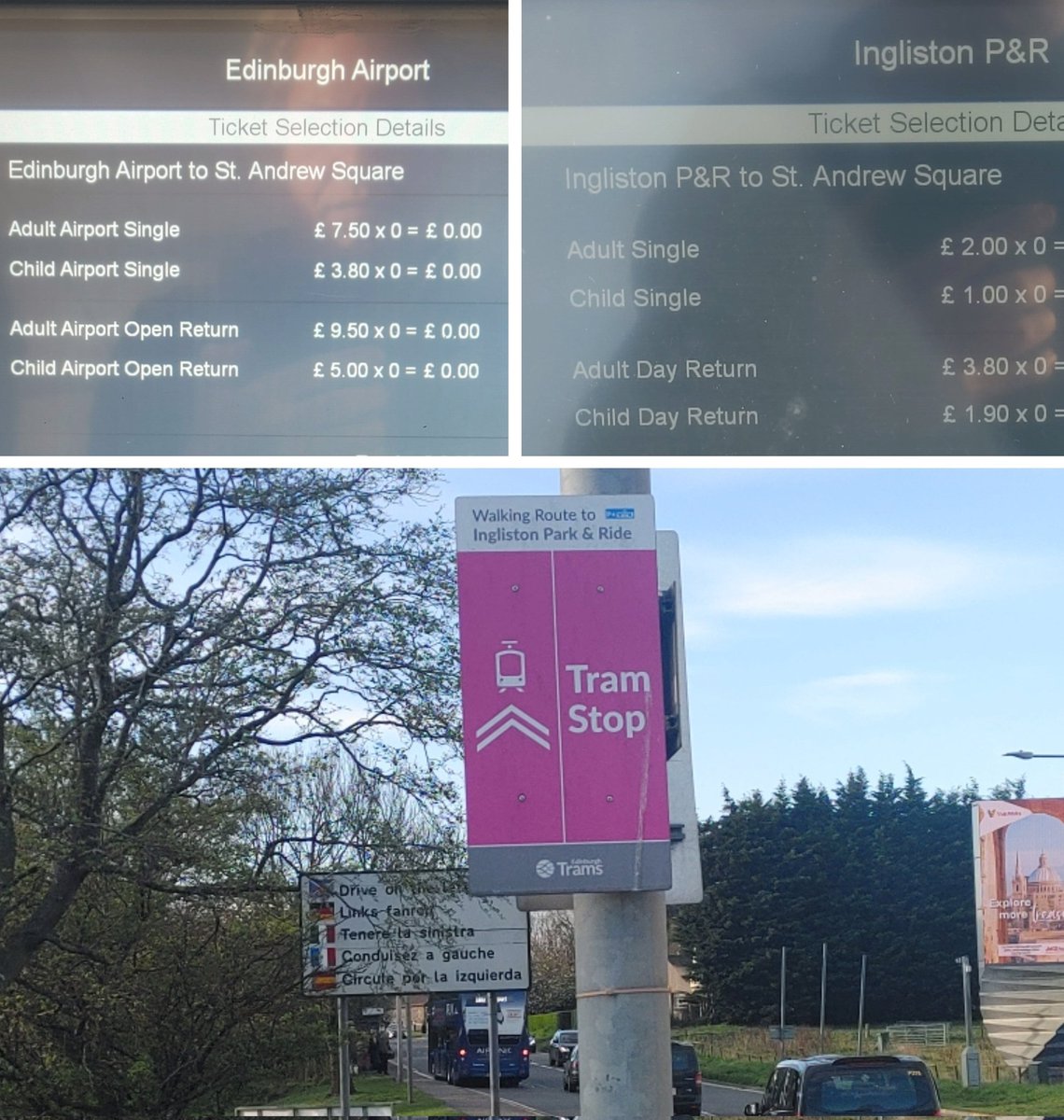 duffilled's tweet photo. Why, yes, I will walk 14 minutes to save ยฃ5.50. The signage is practically begging me to. Transit operators, please stop it with the ridiculous airport #surcharges. #Edinburgh #EdinburghTrams https://t.co/UOmVstGoej