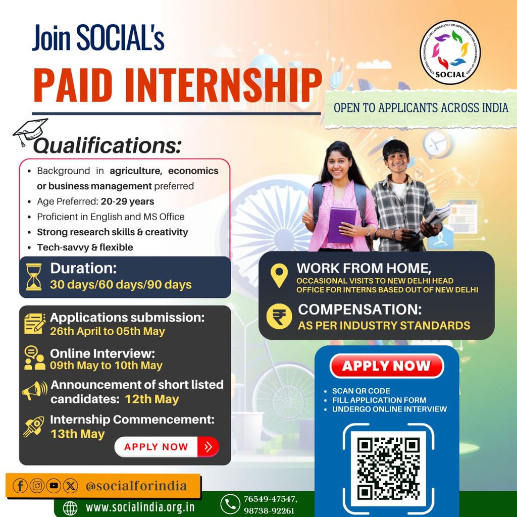 📢 Internship Opportunity Alert!

🎉 Registration is now OPEN for paid internships at SOCIAL, India’s first and only registered and agenda-driven national collaboration of Indian NGOs! 🌟

✍🏻 To Apply: forms.gle/krzNF3HTxWmTZS…

#InternshipOpportunity #WorkFromHome #SocialImpact