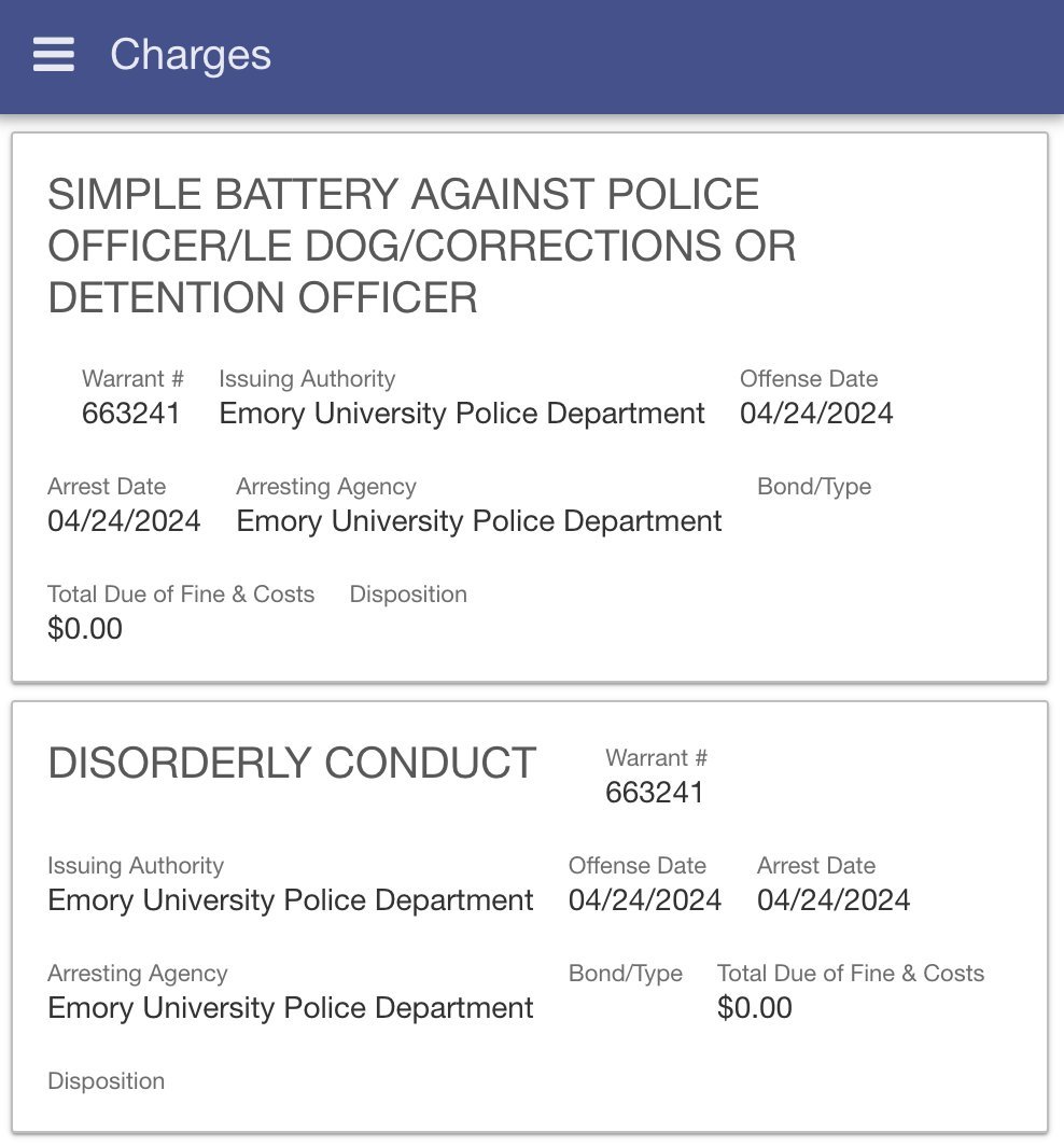 DeKalb, Georgia court records show Fohlin, the Emory professor seen on video being thrown to the ground and handcuffed by an Emory police officer for expressing concern at the violent arrest of a protester, was jailed for 11 hours and charged with 'Battery Against Police Officer'
