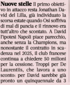 Gazzetta : Pour remplacer #Osimhen, le Napoli veut Jonathan David en priorité. Le LOSC réclame 50M, ADL négocie pour baisser ce prix. Pour l'attaquant, un contrat de cinq ans est prêt, ainsi qu'un salaire de 3M.