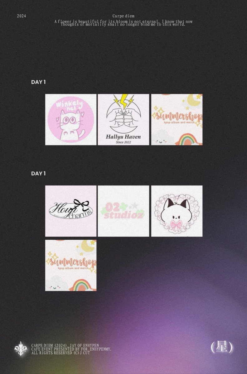 [𝗩𝗘𝗡𝗗𝗢𝗥𝗦 | 𝗞𝗟]

Day 1:
<a href="/winkelynel/">^•ﻌ•^</a> <a href="/myhallyuhaven/">Hallyuhaven</a> <a href="/anissyahzani_/">summershop98_</a> 

Day 2:
<a href="/houjicharms/">houjicharms ★</a> <a href="/02studioz/">.☘︎ ݁˖</a> @cherishsn24 <a href="/anissyahzani_/">summershop98_</a> 

#CarpeDiem_JAY
